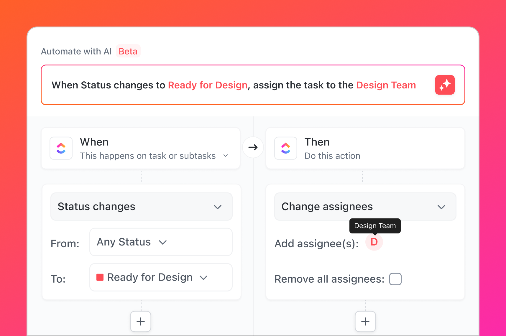ClickUp's no-code automation builder with trigger and action configuration