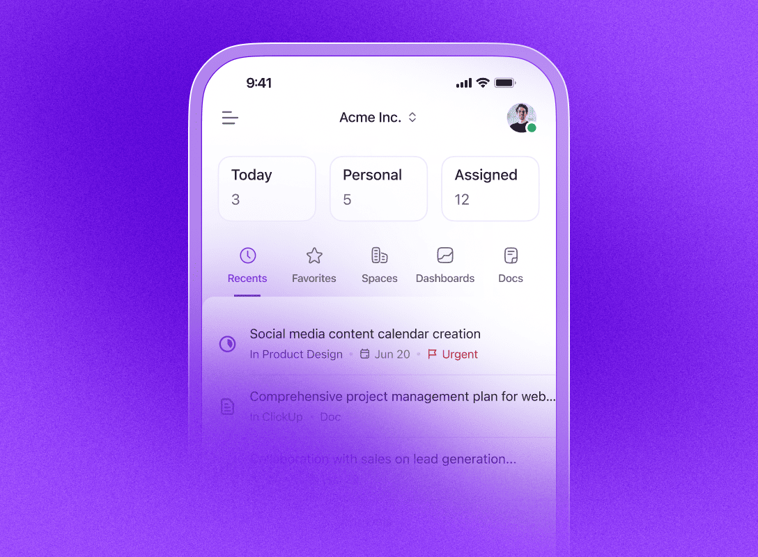 ClickUp mobile app on iOS — task views and navigation