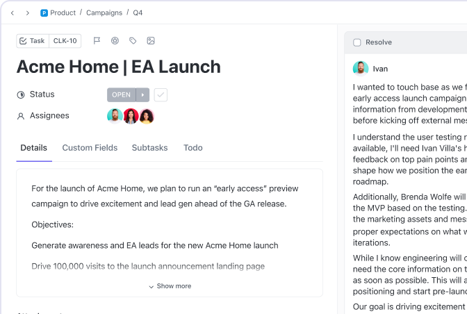 ClickUp task drawer showing assignees, status, priority, due dates, and custom fields
